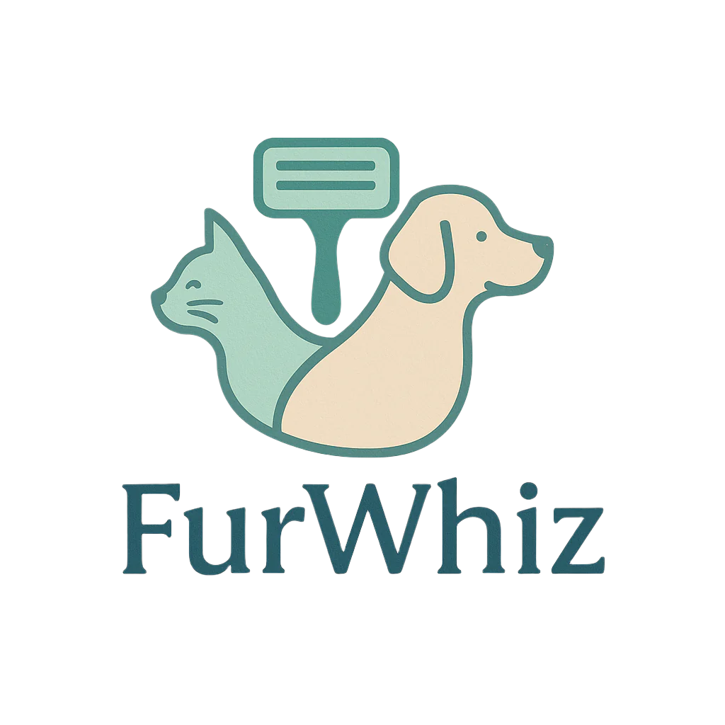 Logo of FurWhiz featuring a cat and dog with a grooming brush on a beige background